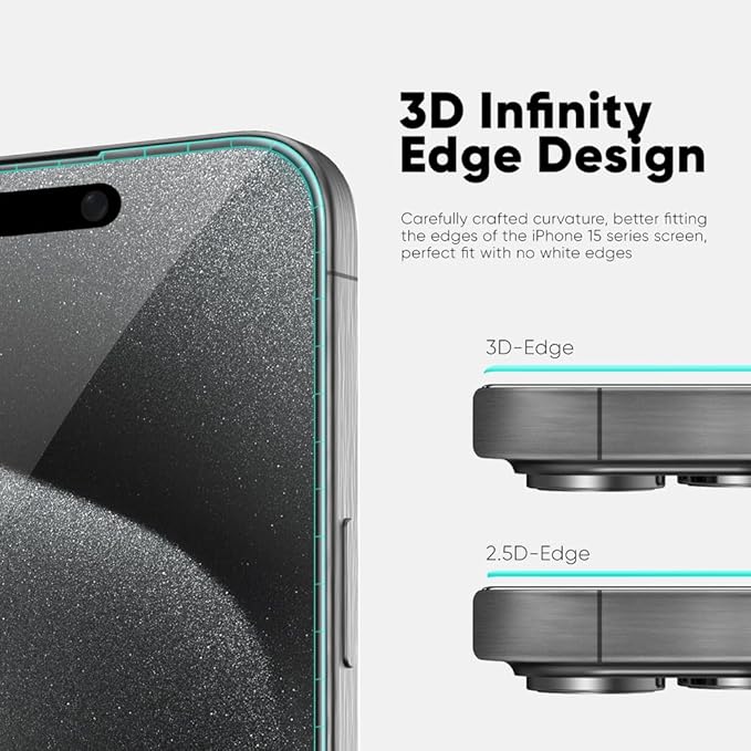 FLOLAB NanoArmour ONETIME MAX for iPhone 15 Pro Screen Protector: Anti-Blue Light Screen Protector 3D Clear Military-Grade Tempered Glass Durable Smooth Easy Install Dust-Free