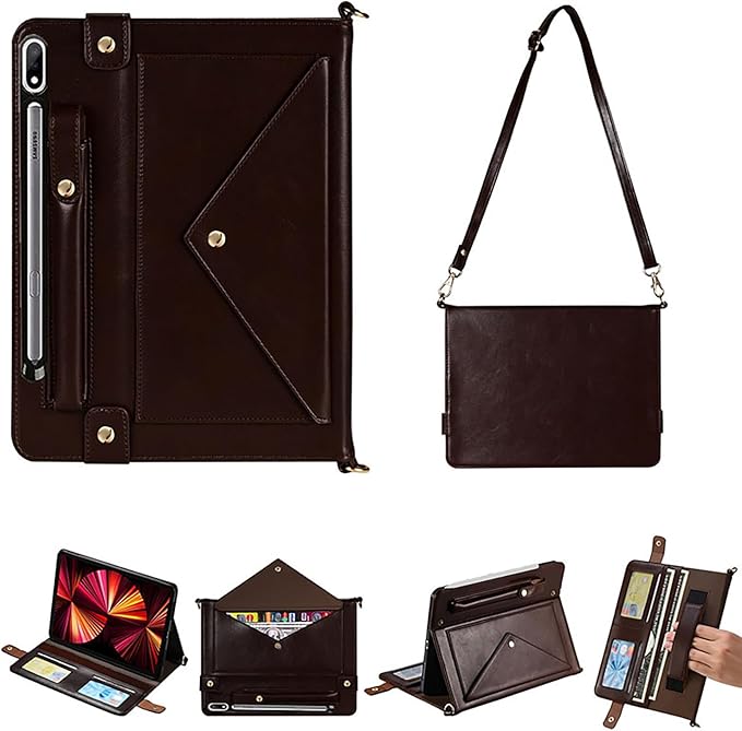 Tablet Carrying Shoulder Bag Case for Samsung Galaxy Tab S10+ Plus/ S9 FE+ Plus 5G/ S9+ 12.4 PU Leather Hand Strap Crossbody Shoulder Strap Cards Holder Pocket S Pen Holder Stand CaseDark Coffee
