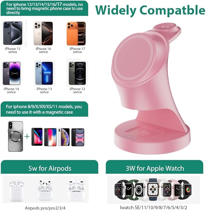 Wireless Charger3 in 1 Magnetic Wireless Charger Stand Fast Wireless Charging Dock for iPhone 17/16/15/14/13/12 Series Apple Watch Series AirPods Pro.