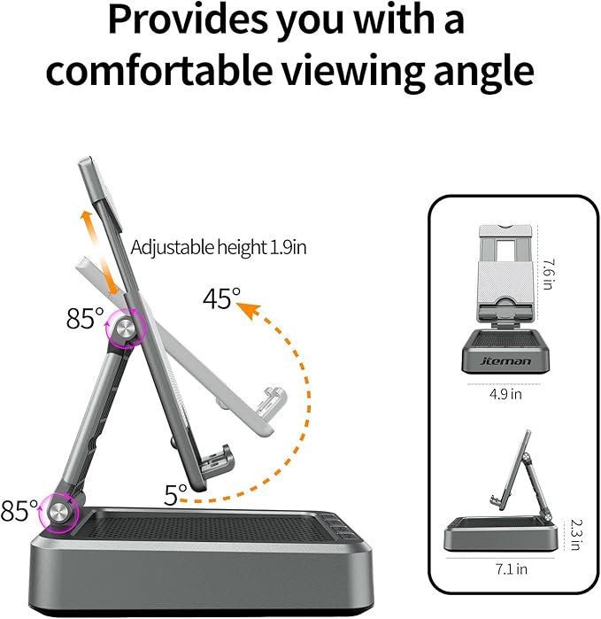 Jteman Wireless Bluetooth Speaker Tablet Stand Adjustable with Bluetooth SpeakersGifts for Women MenKitchen Gadget for MenCompatible with Phones and Tablet (4.0-12.9'') - Graphite