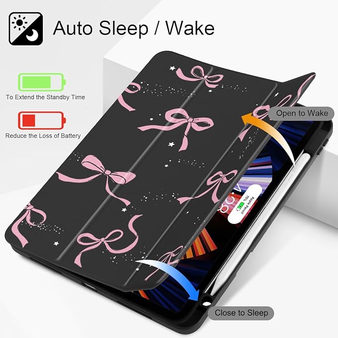 May Chen for iPad Pro 11 inch M2 4th Generation 2022 iPad Pro 11 3rd/2nd/1st Gen Case with Transparent Shockproof Back Cover [Built-in Pencil Holder Auto Sleep/Wake Black Stars Bow