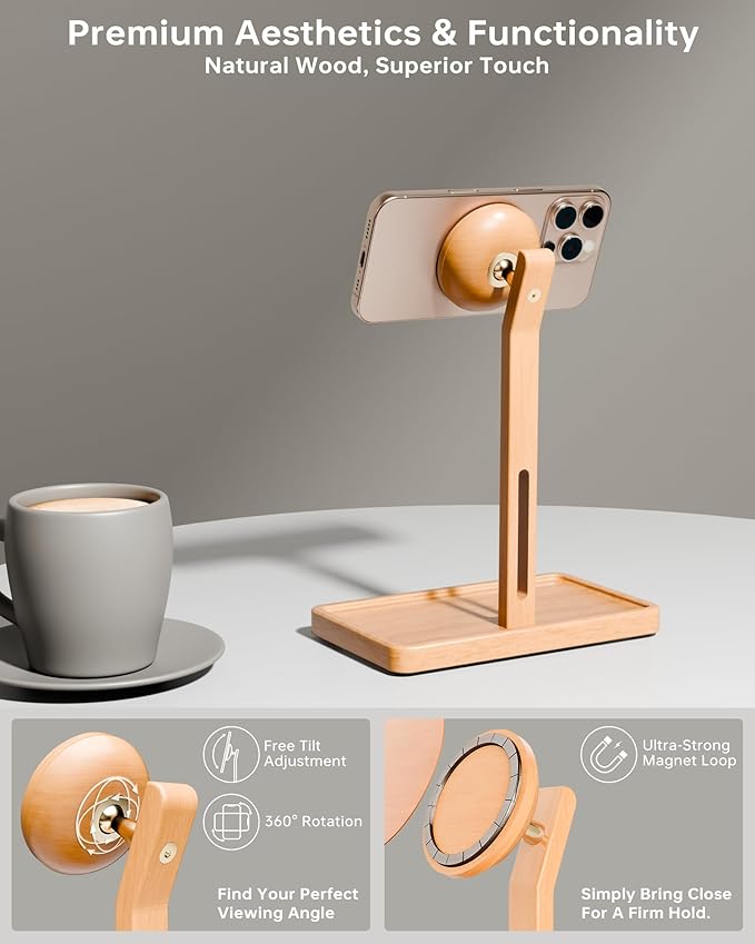 YEOUX Premium Magnetic Phone Holder for Desk | Solid Beech Wood | 360° Free Adjustable | MagSafe Compatible for iPhone 17 16 15 14 Stylish Desk Accessory