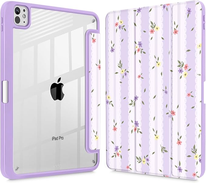 Mektron Case for M5/ M4 iPad Pro 11 inch 2025/2024 with Pencil Holder Compatible Models: A3357/A3358/A3359/A2836/A2837/A3006 Shockproof Cover Clear Shell Flowers &amp Adorable Lace