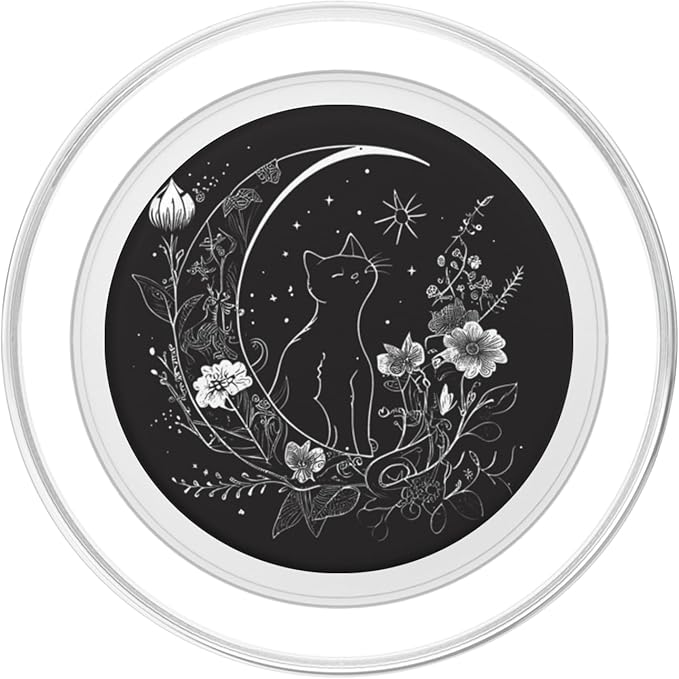 Cat Sitting On Crescent Moon Flowers Stars Drawing PopSockets PopGrip for MagSafe