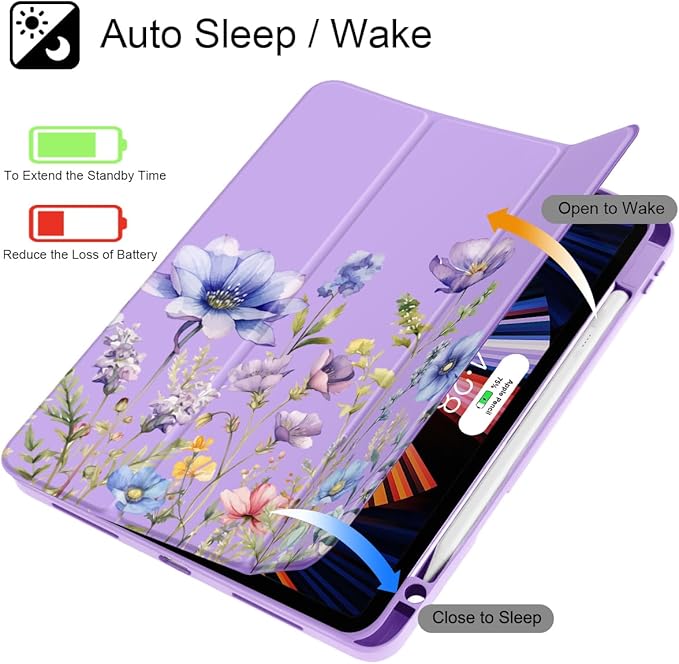 May Chen for iPad Pro 11 inch M2 4th Generation 2022 iPad Pro 11 3rd/2nd/1st Gen Case with Transparent Shockproof Back Cover [Built-in Pencil Holder Auto Sleep/Wake Purple Wild Flowers