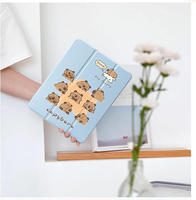 Cute Kawaii Capybara for iPad Pro 11 Inch Case (M5/M4) 2025/2024 with Pencil Holder Auto Sleep/Wake Blue Leather Clear Acrylic Back Cover