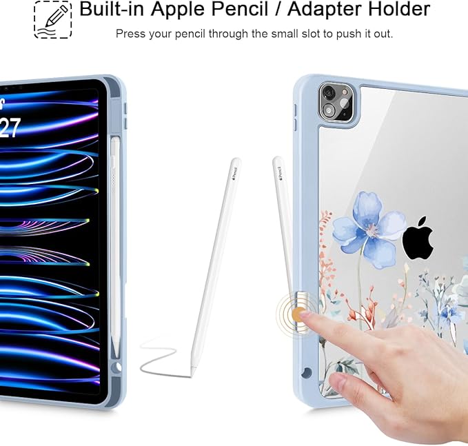 May Chen for iPad Pro 11 inch M2 4th Generation 2022 iPad Pro 11 3rd/2nd/1st Gen Case with Transparent Shockproof Back Cover [Built-in Pencil Holder Auto Sleep/Wake Blue Wild Flowers