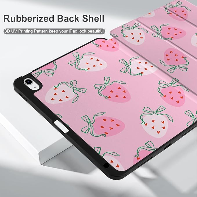 MEEgoodo for M4/M3/M2 iPad Air 11 inch Case 2026 2025 2024Case for iPad Air 5th Generation/iPad Air 4th Gen 10.9 inch 2022 2020 Tablet Cover with Soft TPU Back Shell Strawberry &amp Bow