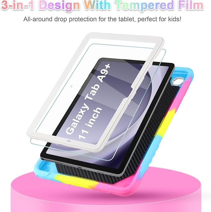 for Samsung Galaxy Tab A9 Plus Case for Samsung Tablet 11 inch Cover with Tempered Glass Screen Protector Shoulder Strap Shockproof for Galaxy Tab A9 Plus Tablet Case Kids Girls Colourful Unicorn