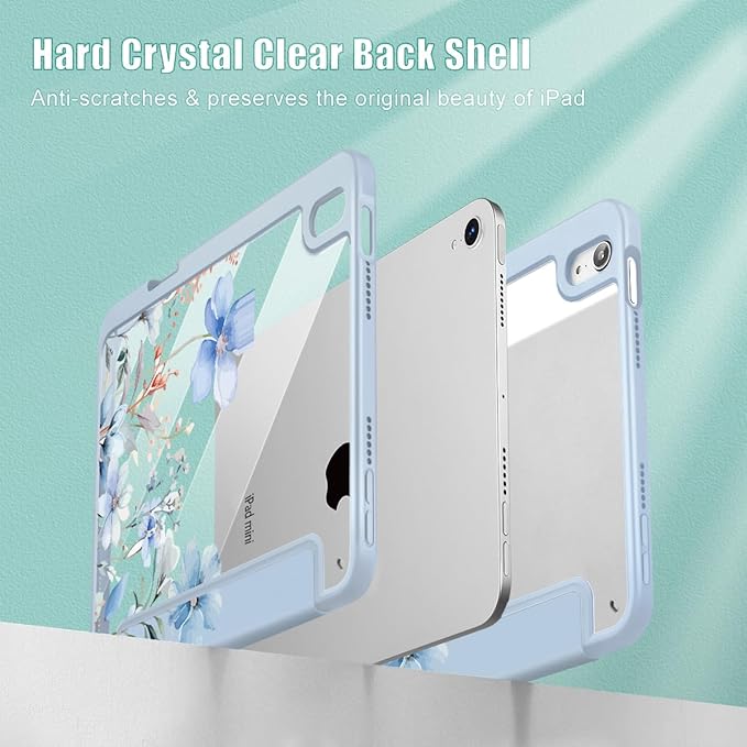 May Chen Slim Case for iPad mini 7 (A17 Pro 7th Generation) 2024 / iPad mini 6 (6th Gen) 8.3 Inch [Built-in Pencil Holder] Shockproof Cover Clear Clear Back Shell Auto Wake/Sleep Wild Flowers