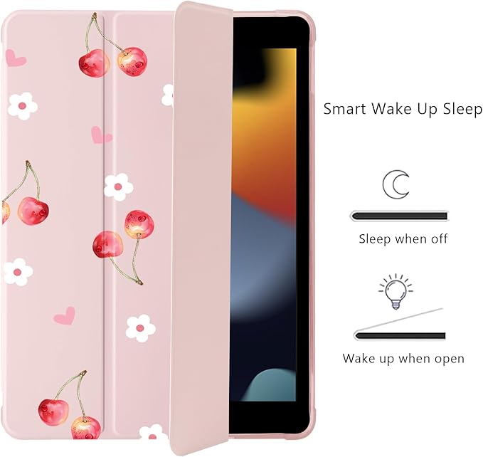 Cute Cherry Floral Heart for iPad Air5/Air4 Case with Pencil Holder Auto Sleep/Wake Pink Leather Soft TPU Back Cover for iPad 10.9 Inch 2022/2020