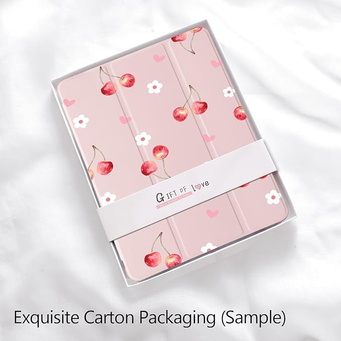 Cute Cherry Floral Heart for iPad Air5/Air4 Case with Pencil Holder Auto Sleep/Wake Pink Leather Soft TPU Back Cover for iPad 10.9 Inch 2022/2020