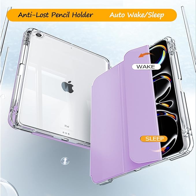 Case for iPad 9th/8th/7th Generation 2021/2020/2019 (10.2 inch) Case with Pencil Holder Slide Detachable Magnetic Trifold Stand Shockproof Slim Cute Clear Back Protective Cover (Violet)