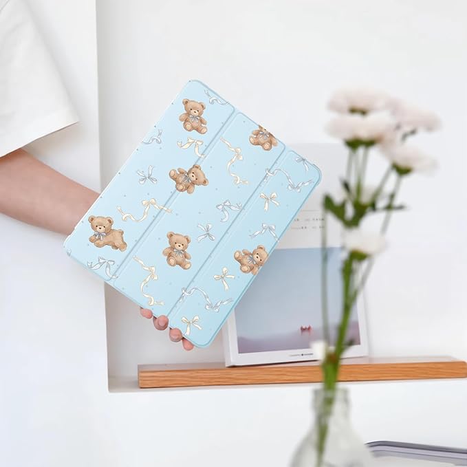 Cute Kawaii Bear Bow for iPad Pro 12.9 Inch Case 5th/6th Generation 2022/2021/2020 with Pencil Holder Auto Sleep/Wake Blue Leather Soft TPU Back Cover