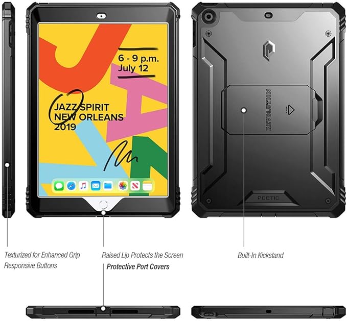 Poetic Revolution Case Designed for iPad 10.2 9th Generation Case Full-Body Rugged Shockproof Protective Cover with Kickstand Built-in Screen Protector Black