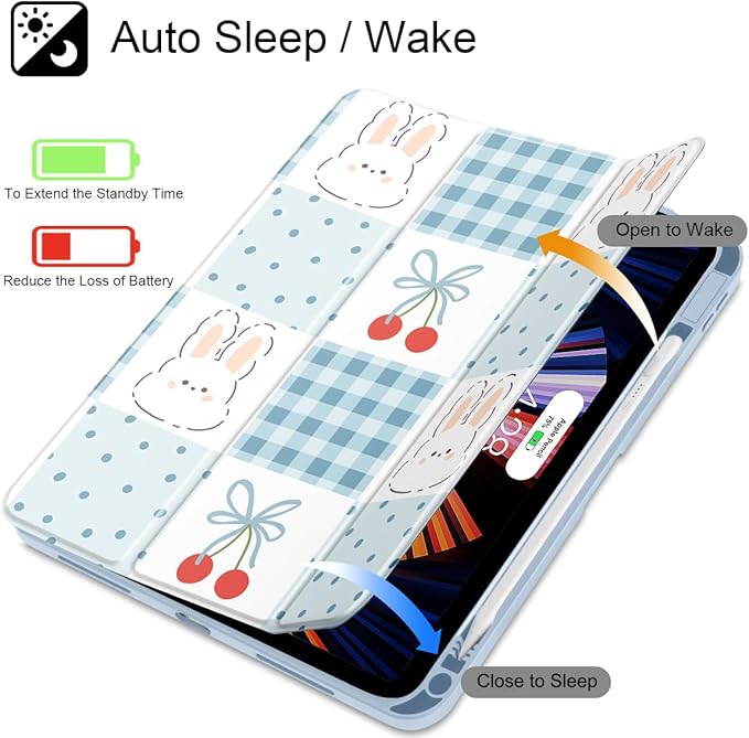 Tuiklol for 2025 iPad (A16 Chip) 11th Generation 11 inch/iPad 10th Gen 10.9 inch 2022 Case Buit in Pencil Holder with Clear Back Shell Cover Trifold Stand Auto Wake/SleepGrid-Rabbit