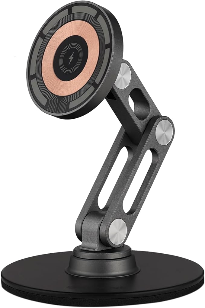 ClikDock Cell Phone Magnetic Wireless Charger Stand 360° Spin Aluminum Construction Compatible with MagSafe Phones for iPhone &amp Andriod (Space Grey)