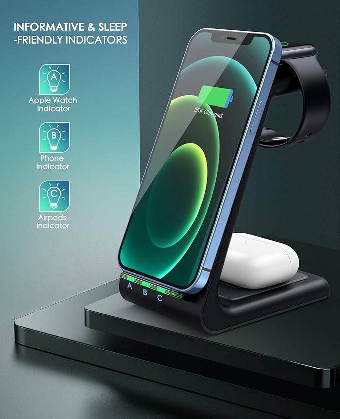 3 in 1 Wireless Charging Station 2026 Upgraded Fast Desk Charger Station for iPhone 17 16 15 14 13 12 Pro Max Plus Charger Stand for Apple Watch 10 9 8 7 6 5 4 3 2 SE Airpods 4 3 2 Pro(Black)