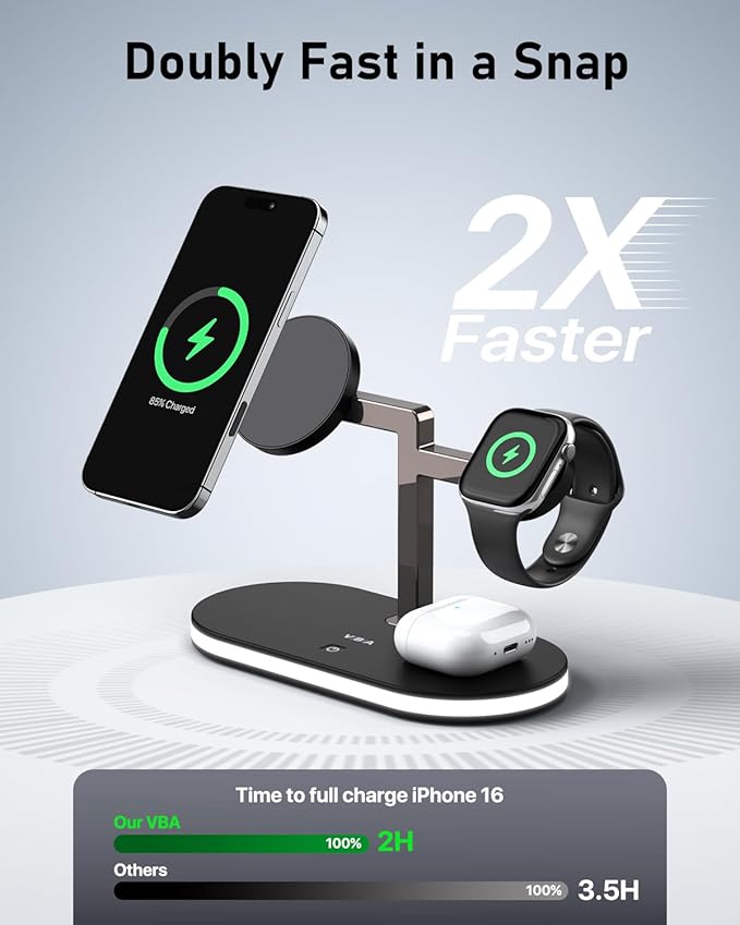 VBA 4 in 1 Wireless Charging Station for Apple MagSafe ChargerFast Charging Magnetic Wireless Charger Stand with Night Light for iPhone 17 Air 16 15 14 13 12 SeriesApple WatchAirPods Pro (Black)