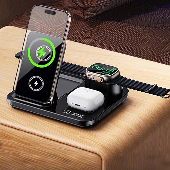 IHAO 3in1 Auto-Rising Wireless Charging Station 15W Fast Charge Ultra-Slim Foldable Design Wireless Charger for Phone Watch Earbud QC3.0 &amp PD Compatible