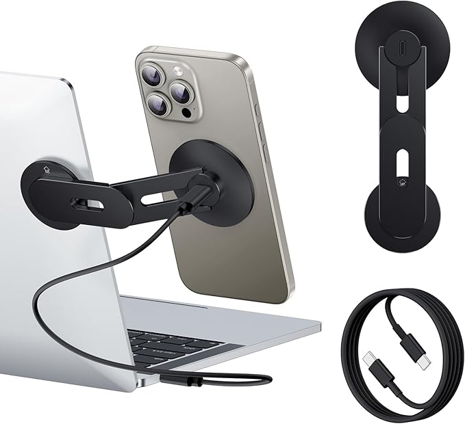 Laptop Phone Holder Magnetic Phone Stand 15W Fast Wireless Charger for MagSafe for iPhone 17/16/15/14/13/12 &amp All Phones for Tesla (Black)