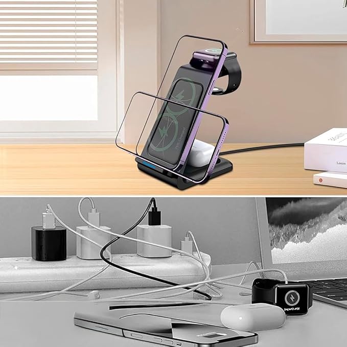 LUNOX 3 in 1 Magnetic Wireless Charger Foldable Fast Charging Station USB-C Portable Charging Stand for Smartphone Smartwatch and Earbuds Compact Desk and Travel Charger Black &amp White