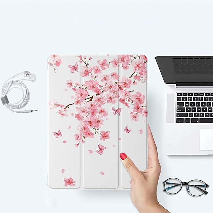Pink Cherry Blossoms Case for iPad Pro 11(M4)2024 5th Gen Protective CasePencil Holder &amp Clear Soft TPU Back &amp Trifold Smart Tablet Cover for Women (Model Number:A2836/A2837/A3006)