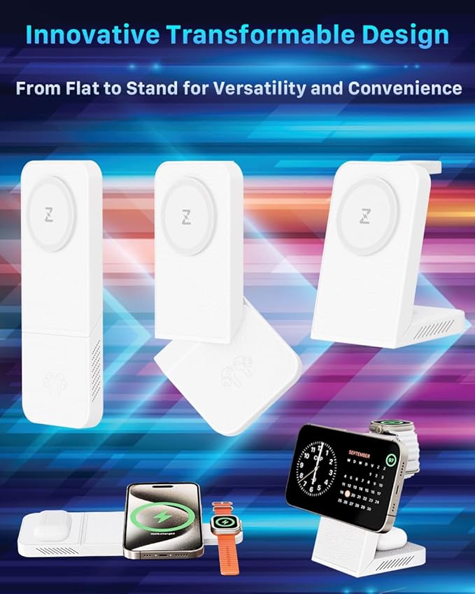 3-in-1 Fast Wireless Charging Station Multiple Devices MagFree Transform 15W Magnetic Travel Charger Stand for iPhone 16/15/14/13/12 5W Apple Watch Fast Charger AirPods - 30W USB-C Charger Included