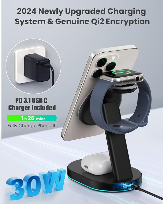 3 in 1 Wireless Charger Charging Station for iPhoneQi2 Certified 15W Magnetic Charging Stand for Mag-Safe with 30W USB C Adapter&ampFriendly Night Light for iPhone 17/16/15/14/13/12Apple WatchAirP