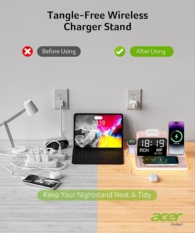 Acer 7-in-1 Wireless Charging Station with LED Clock - 30W Fast Wireless Charger for iPhone 16/15/14/13/12/Pro Max Apple Watch AirPods - Bluetooth Auto Time Sync &amp Night Lights (Pink)