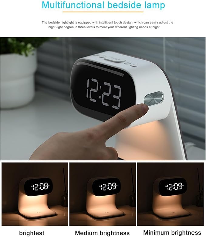 Wireless Charger Alarm Clock Featuring Wireless Charging Clock Alarm 3-Level Lighting 15W Fast Wireless Charging and Compatibility with All Qi-Enabled Devices A40 White.