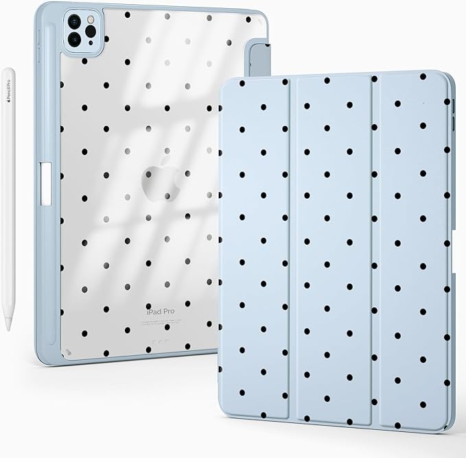 Cute Polka Dot for iPad Pro 12.9 Inch Case 5th/6th Generation 2022/2021/2020 with Pencil Holder Auto Sleep/Wake Blue Leather Clear Acrylic Back Cover