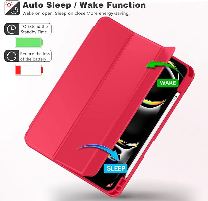 ZryXal iPad Pro 11 Inch Case (M5) 2025/ (M4) 2024 (Model: A2836/A2837/A3006) Trifold Stand Smart Cover with Pencil Holder and Soft TPU Back Auto Wake/Sleep (Red)