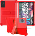 Compatible for ECOPAD T30 10.1 Inch Tablet Case + Screen Protector Tempered Glass Film Soft Silicone Full Coverage Adjustable Stand Protective Tablet Cover Red