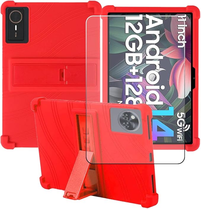 Compatible for ECOPAD T30 10.1 Inch Tablet Case + Screen Protector Tempered Glass Film Soft Silicone Full Coverage Adjustable Stand Protective Tablet Cover Red