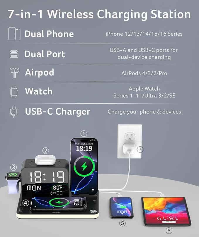 acer 7-in-1 Wireless Charging Station: Charger Stand for Multiple Devices for Apple - iPhone 16 15 14 13 12 Pro Max Apple Watch Airpods Wireless Charger iPhone Charging Station with Bluetooth TimeSyn