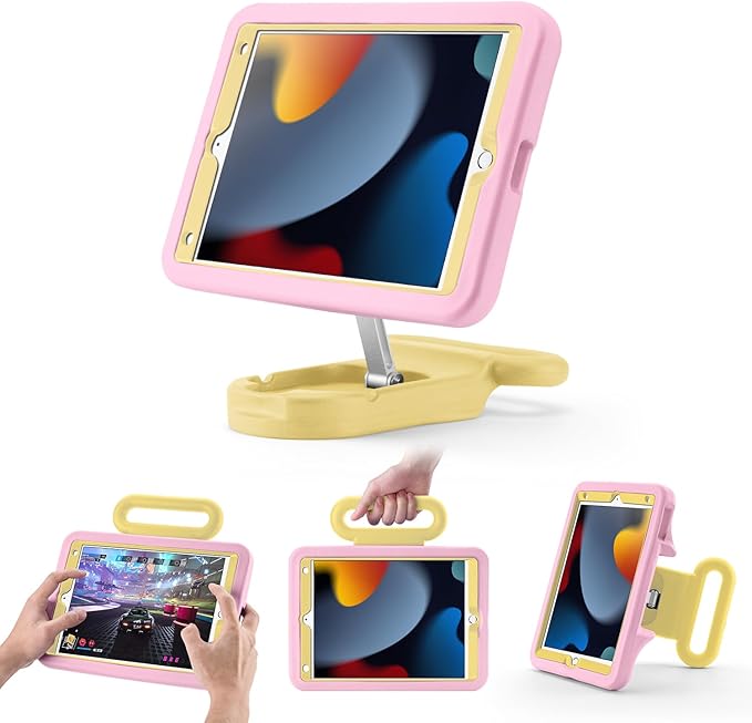 Kids Case for iPad 7th/8th/9th Gen 10.2 inchAdjustable Portrait/Landscape Stand/Drop Proof with Handle/KickstandChild Friendly Protective Cover for iPad 10.2 2021/2020/2019 (PinkYellow)