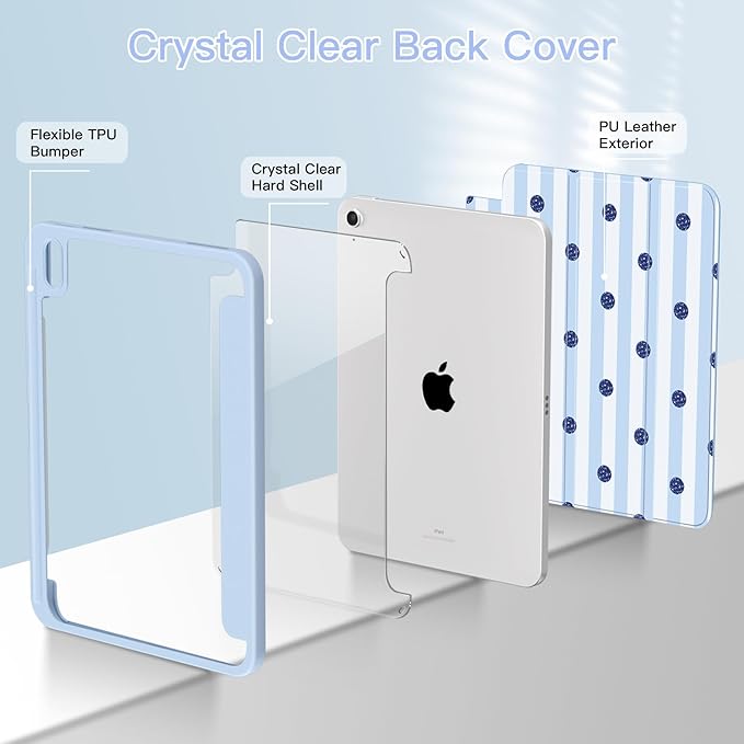 Teryeefi for iPad A16 Case 11 Inch 2025 Release for iPad 10th Generation 10.9 Inch 2022 Protective Shell with Pencil Holder Soft TPU+Crystal Hard Back Cover (Cute Blue Stripes)