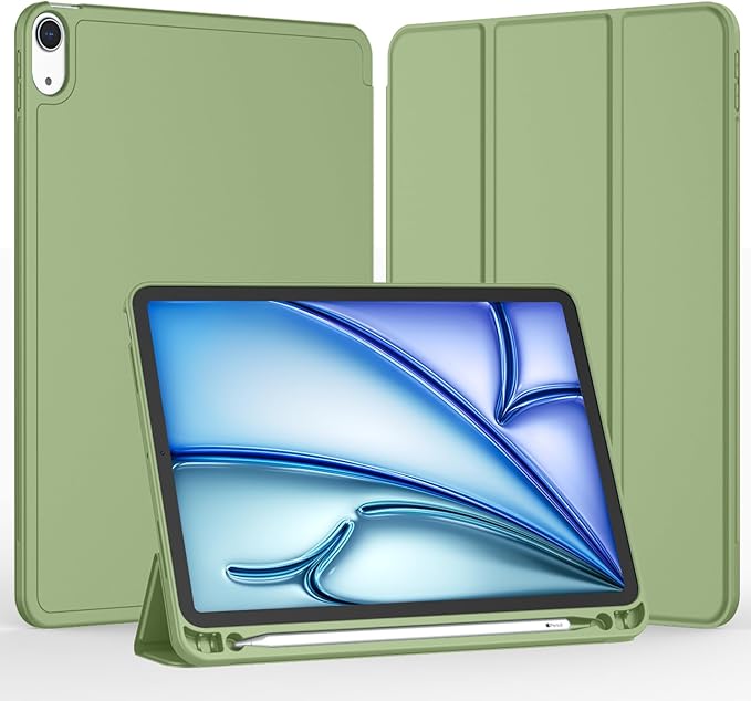 iMieet iPad Air 11 Inch Case M4/M3/M2(2026/2025/2024) iPad Air 5th/4th Generation Case 2022/2020 10.9 Inch with Pencil HolderTrifold Stand Smart Case with Soft TPU Back(Olive Green)
