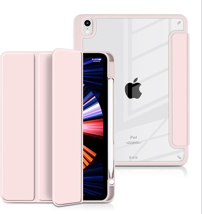Batianda Hybrid Case for 11-inch iPad Air 2024 M2 Chip/iPad Air 5th/4th 10.9 inch [Built-in Pencil Holder] Shockproof Cover with Clear Back Shell TPU BumperLight Pink