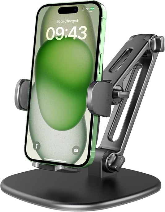APPS2Car Phone Stand for Desk [No Dropping Stable Triple-Clamp Holder] Adjustable Height 360 Degree Rotation Heavy Base Thick Case Friendly Multifunctional Cell Phones Stand for iPhone Android Phones
