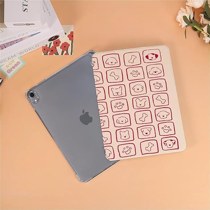 Dog Paw in Pink Checkerboard Case Compatible with IPad 9th 8th 7th Generation 10.9 Inch 2021-2018Funny Cover with Trifold Stand+Pencil Holder for Boys GirlsiPad Air6 11inch 2024