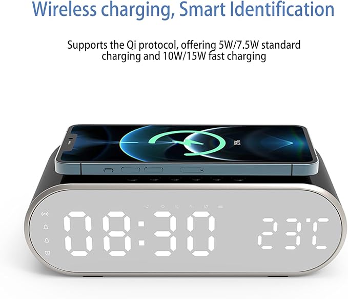 15W Fast Wireless Charging Pad Compatible with Qi-Enabled Phones 5W/7.5W/10W Standard Charging Modes Temperature Display &amp Alarm Clock for Bedside Desk W628 Black.