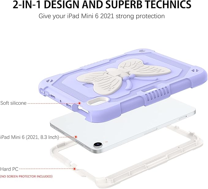 DUEDUE Case for iPad mini 7 (A17 Pro) 2024iPad mini 6 Case 2021 Butterfly Wings Kickstand with Pencil Holder Shockproof Protective Tablet Case for iPad mini 7th/6th Gen Kids Beige/Purple