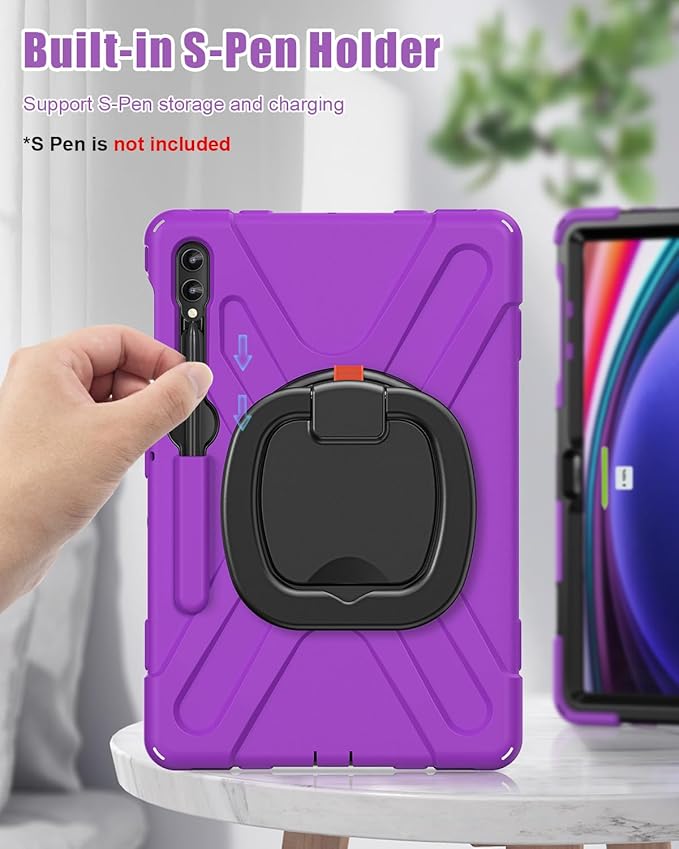BRAECN Case for Samsung Galaxy Tab S10+/S9 FE+/S9+/S8+/S7 FE/S7+ 12.4” SM-X820/X610/X810/X800/T730/T970 Silicone Cover w/Screen Protector/Handle Grip/Kickstand/Shoulder Strap/S Pen Holder Purple