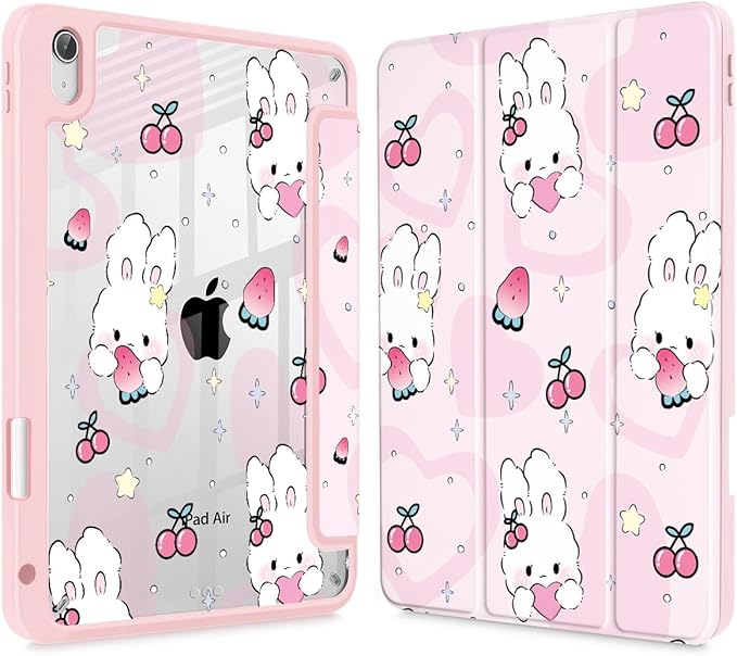 Case for iPad Air 11'' (M4 2026/M3 2025/M2 2024)/ iPad Air 10.9'' Air 5th /4th Gen Shockproof Cover with Clear Back Shell &amp Penceil Holder Auto Wake/Sleep Stand Cover Rabbit &amp Strawberry