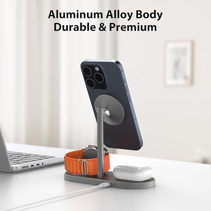 KU XIU X23 PRO Magnetic Wireless Charging Stand 3-in-1 Charging Station for iPhone 17/16/15/14/13/12 &amp iPhone Air 5W for Apple Watch S11–4/SE/Ultra 3/2/1 AirPods 4/3/2/Pro – Wood Grain