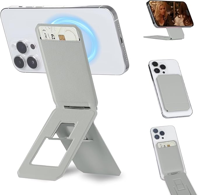 iontech Phone Stand Tripod Wallet Compatible with MagSafe iPhone 17/16/15/14/13/12 Series 3 in 1 Strong Magnetic Phone Holder Vegan Leather Wallet Lightweight &amp Adjustable Cell Phone Stand (Gre