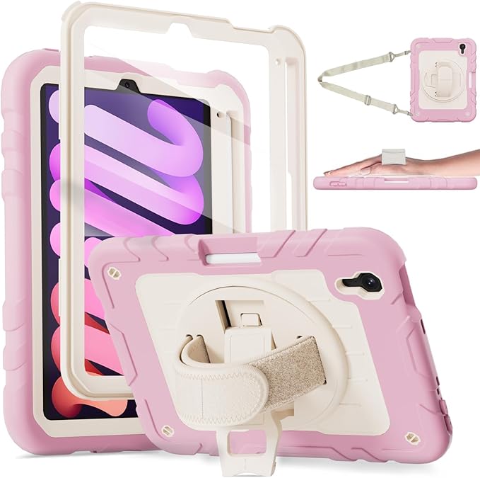 for iPad mini 7 A17 Pro/iPad mini 6 8.3 Inch Case iPad mini 7th/6th Generation Case (2024/2021) with Pencil Holder/Kickstand Hand Strap/Shoulder StrapPink&ampBeige
