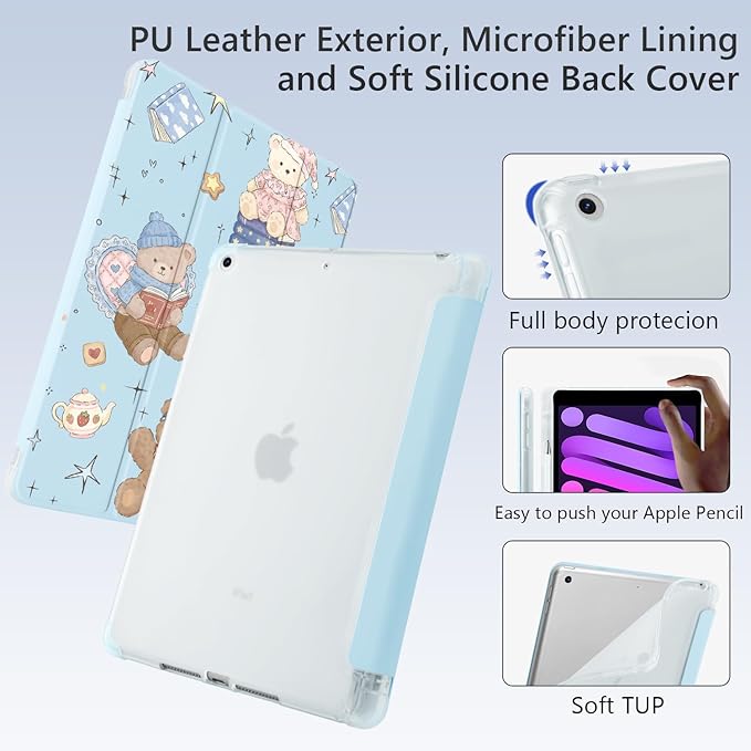 Cute Kawaii Bear for iPad Pro 13 Inch Case (M5/M4) 2025/2024 with Pencil Holder Auto Sleep/Wake Blue Leather Soft TPU Back Cover